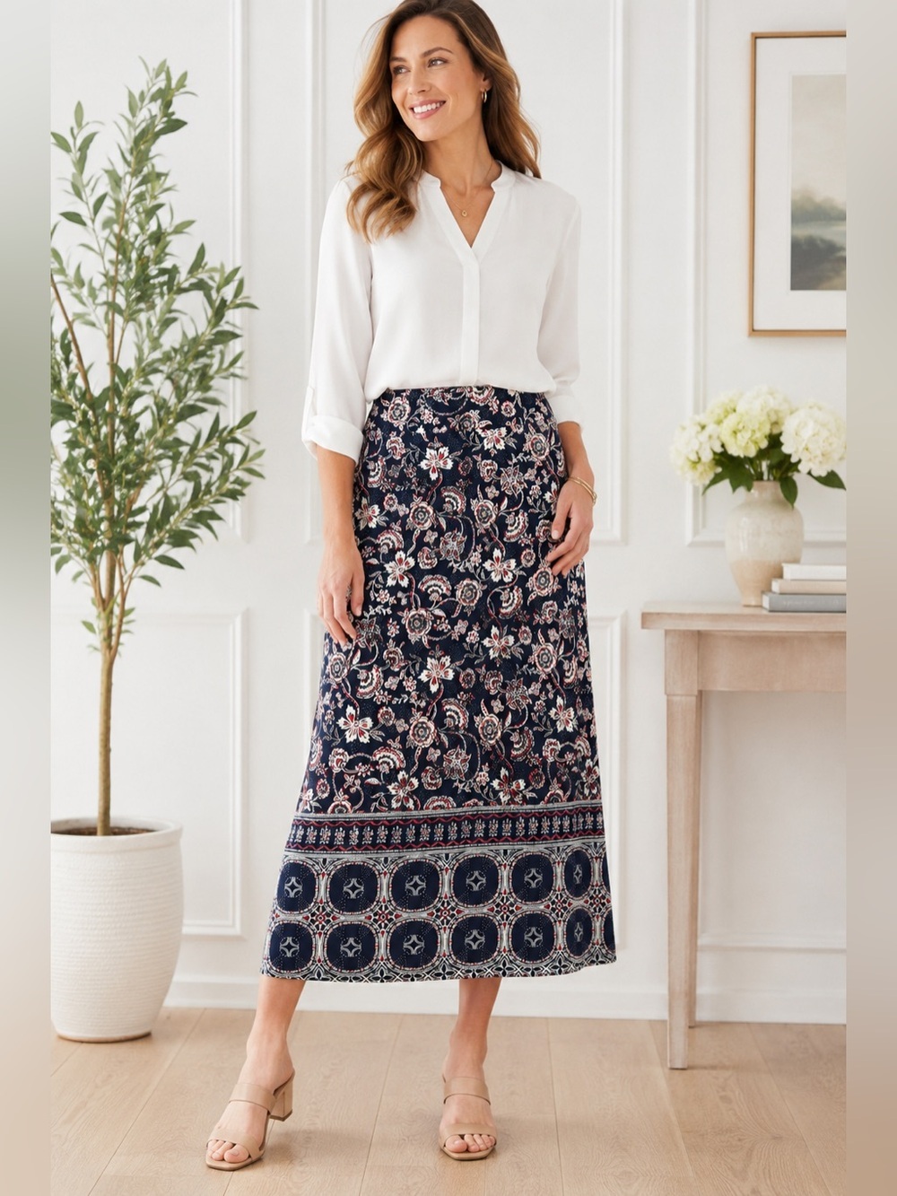 NWT Talbots Petites Floral Midi Skirt Petite P Navy Red White Border Print Lined